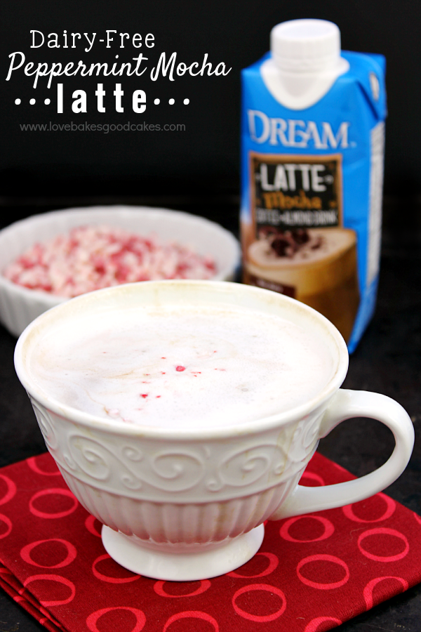 Dairy-Free Peppermint Mocha Latte in a white cup on a red napkin.